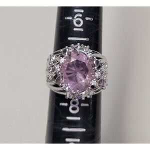Pink and Clear‎ Cubic Zirconia Silver Tone Cluster Cocktail Ring Size 7.5